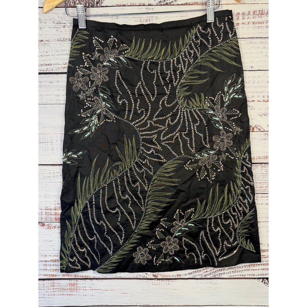 French Connection Mini Skirt Women 4 Black Embroidered Sequin Beaded Ramie Boho